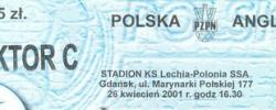 Bilet z sezonu 2000-2001 z meczu 2001.04.26.POLSKA-Anglia (U-19)