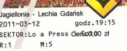 Bilet z sezonu 2010-2011 ze spotkania 2011.03.12.Jagiellonia Białystok-Lechia Gdańsk