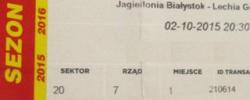 Bilet z sezonu 2015-2016 ze spotkania 2015.10.02.Jagiellonia Białystok-Lechia Gdańsk