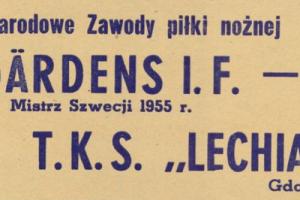 Plakat z sezonu 1956 ze spotkania 1956.04.01 Lechia Gdańsk-Djurgardens Sztokholm (Szwecja)